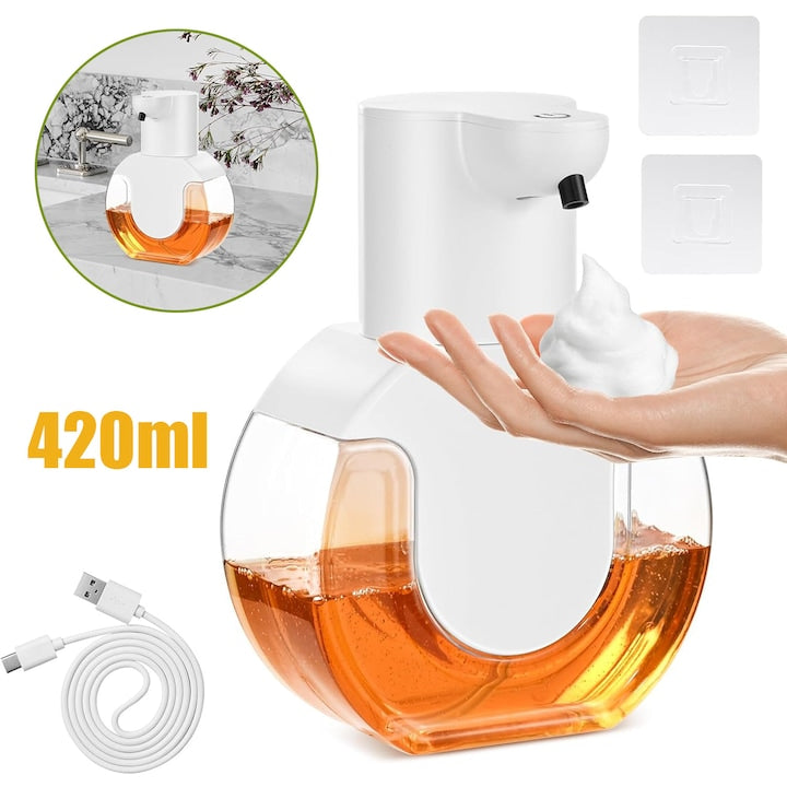 Automatic Touchless Foaming Soap Dispenser 420ml Wall-Mounted Electric Soap Dispenser with 4 Adjustable Levels Infrared Sensor USB-C Rechargeable IPX5 For Bathroom And Kitchen