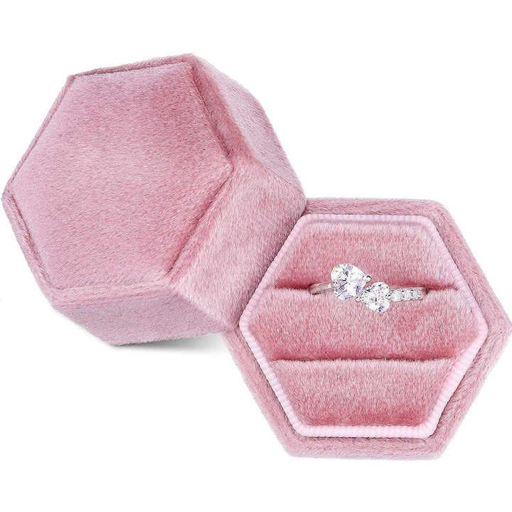 ZOUN - Cutie pentru inele  catifea  2 compartimente pentru inele  hexagonala  potrivita pentru cereri in casatorie  logodne  depozitare  aniversari de nunta  durabila  portabila  moale  5 × 5 × 5 cm  roz
