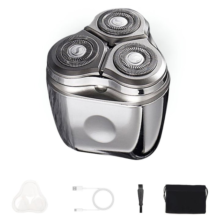 Aparat de Ras Electric  Shaver  Protectie Piele  3 Lame Rotative  Fara Fir  Barbierit Umed/Uscat  60 Minute  Incarcare Rapida  Portabil  Lame Auto-Ascutire  Capete Flexibile 360°  Argintiu