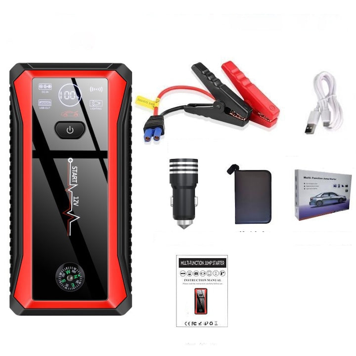 Starter auto multifunctional  Rqiurpn  12V  portabil  Incarcare rapida  Display digital  cu functie de intretinere a bateriei  Rosu/Negru