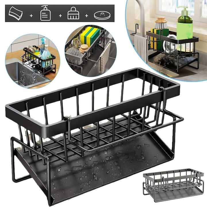 Metal Sink Caddy, Sponge Holder, Self-Draining Soap Dish, and Detachable Dishcloth Rack, for Kitchen Countertop Storage and Organization, Black