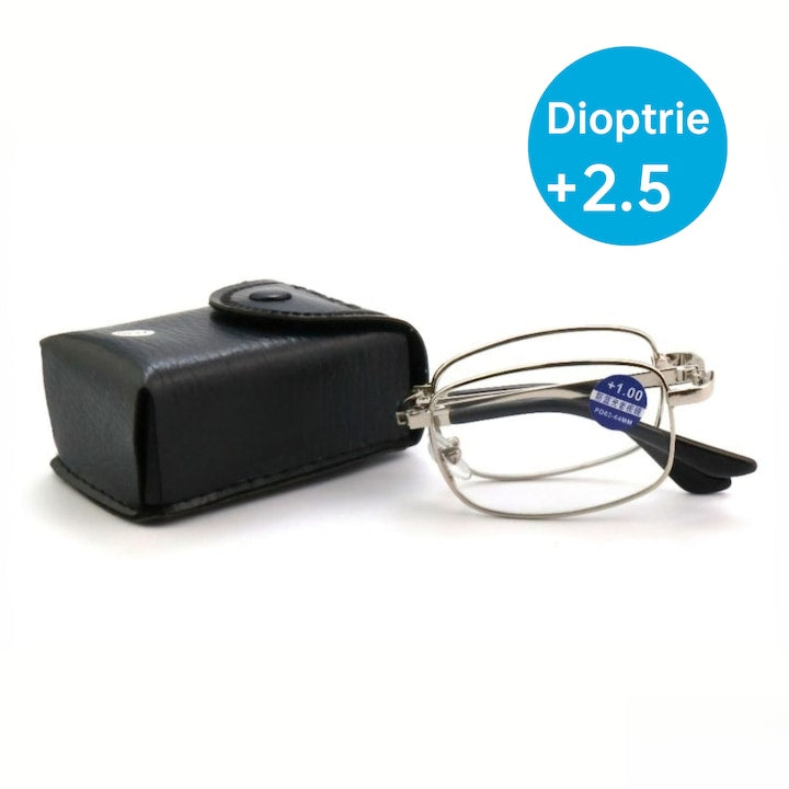 Ochelari de Vedere Pentru Citit  Anmai  Pliabili si Telescopici  Etui portabil  Dioptrie +2.5  model unisex  Argintiu/Negru