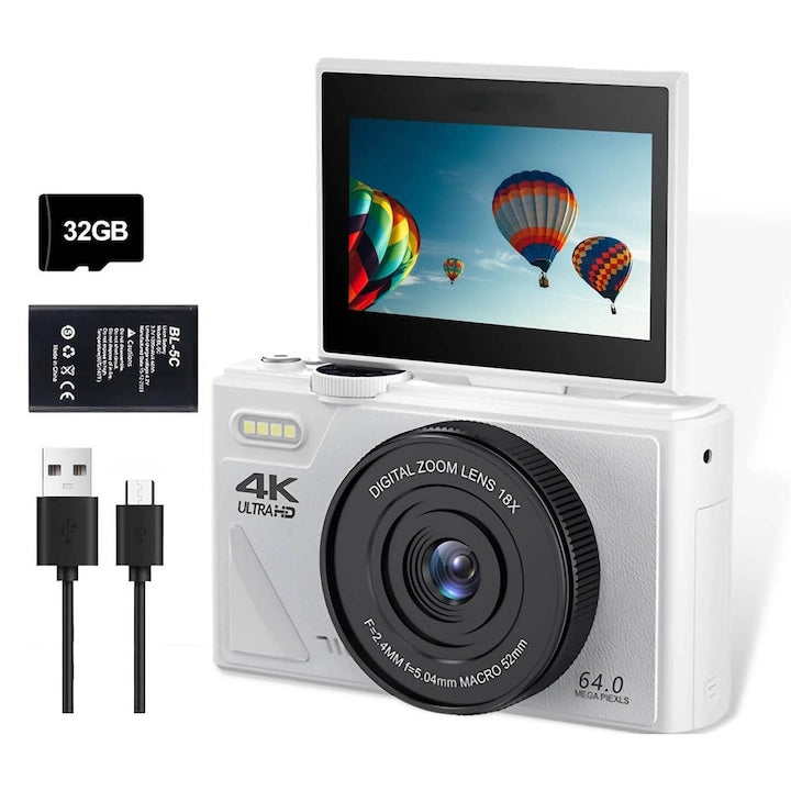 Aparat foto digital  portabil  6400w pixeli  ecran HD de 3 inchi  4K  zoom de 18X  inregistrare si fotografiere  blit  Focalizare automata  anti-vibrare  cronometru / serializare  OTG/WiFi  card de memorie de 32 GB inclus  OUYLAF  Alb