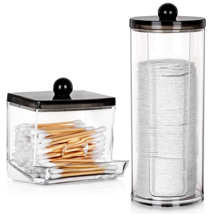 Set of Containers for Cotton Swabs and Cosmetic Pads, Vilde, Transparent Acrylic, 2 Pieces, Container for Cotton Swabs 9x7x9.5 cm, Container for Cosmetic Pads 7x19 cm, Closed with Lidded Handles