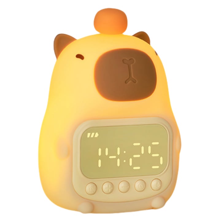 Ceas digital cu alarma copii  lumina de noapte  Fantasy  2 seturi de ceasuri desteptatoare  5 tonuri  Kapybara modeling  Functia de somnolenta  ABS/PC/silicon  acumulator 1500mAh  Compact  Portabil  Galben cald