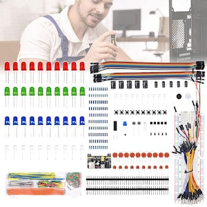 Kit de inceput pentru incepatori  compatibil cu pachetul de componente Arduino UNO R3  care include breadboard cu 830 de puncte  potentiometru  modul de alimentare  rezistori si condensatori  L0-L1 de initiere in componente electronice