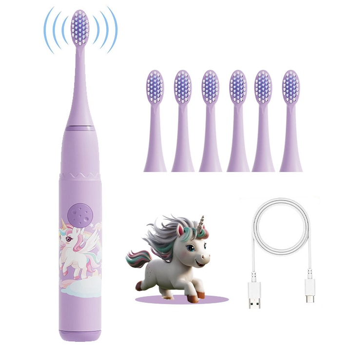 Periuță de dinți electrică Chelfonds pentru copii  4 moduri  6 capete de schimb  tematică unicorn