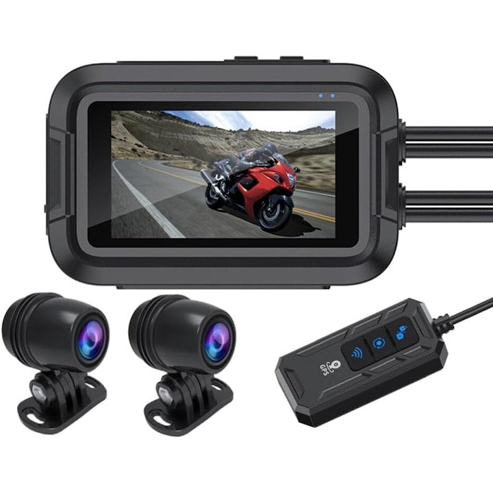 Motorcycle Camera WALALLA, 3-inch Screen, Dual 1080P Front and Rear Recording, GPS, WiFi Mobile Phone Interconnection, Automatic/Loop Recording, Waterproof, 32GB Memory Card, IPX6, Universal Model, Black