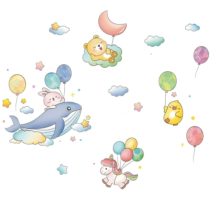 Set stickere decorative pentru camera copilului  Autocolante autoadezive Animale Dragute cu Baloane(Balena  Urs  Iepure  Pui  Cal)  60cmx90cm  Design Dragut pentru Camera Copii si Bebelusi