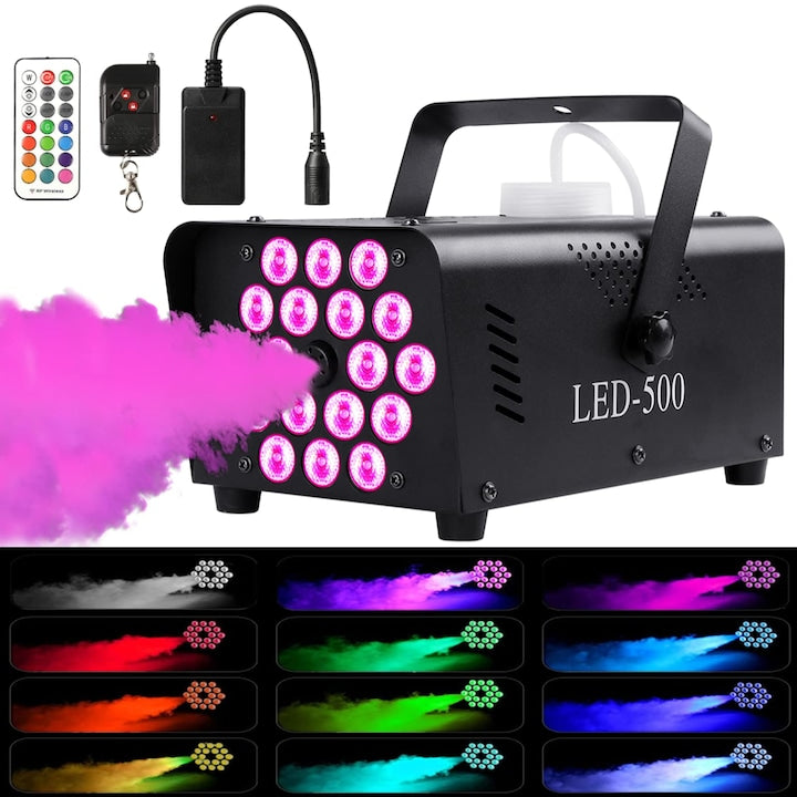 Masina de fum cu lumini  18 LED  500W  2000CFM  efecte speciale  cu 2 telecomenzi fara fir si 13 efect de lumini colorate  masina de ceata interior exterior pentru petreceri DJ  WALALLA  negru