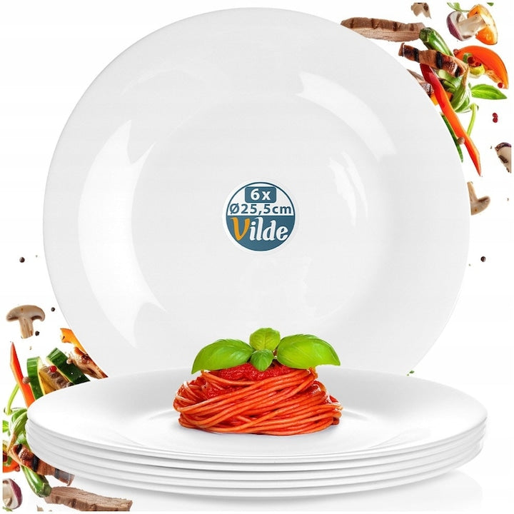 Set 6 Farfurii Intinse Pentru Cina Din Sticla Opal  Vilde  25.5 cm  Alb  Design Clasic Rotund  Rezistente La Socuri Termice Si Zgarieturi  Suprafata Neteda Si Igienica  Compatibile Cu Masina De Spalat Vase Si Cuptor Cu Microunde  Uz Casnic