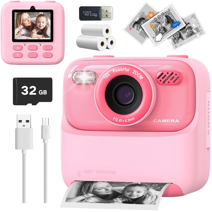 Camera cu Imprimanta Instanta pentru Copii  WALALLA  1080P  Dual Lens  Ecran 2.4"  32GB  Cadou pentru Fete si Baieti 3-12 Ani  Roz