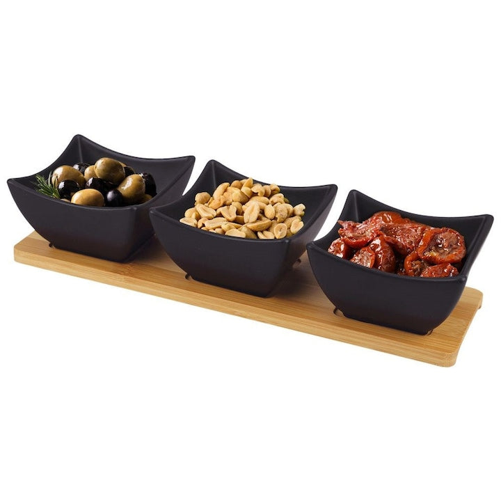 Set De Boluri Cu Tava  Orion  3 Bucati  Negru  Portelan  Lemn De Bambus  Pentru Servirea gustarilor Si Sosurilor  Compatibil Cu Microunde  Dimensiunile Setului 31.5x10x6.5 cm