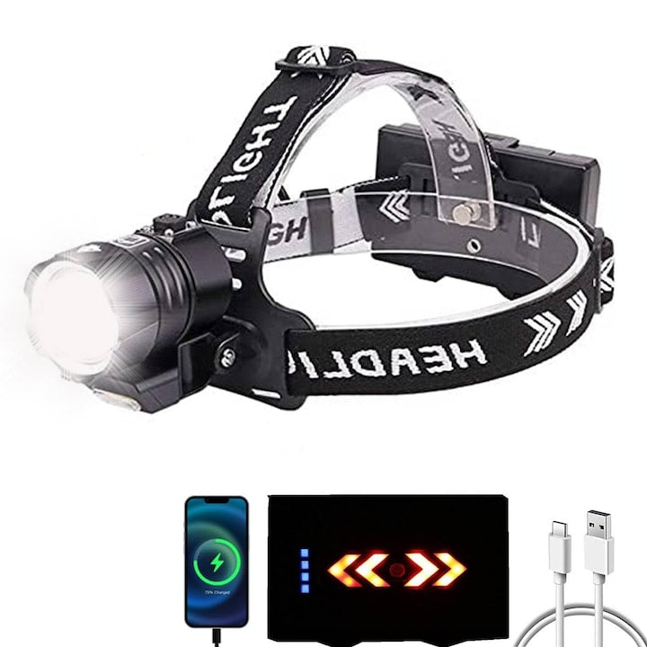 JFYU LED Headlamp, Powerful Headlamp with Zoom, Professional, 4 Lighting Modes, 3 Rechargeable 18650 Li/4500 mAh Batteries, Power Bank Function, Water Resistant, Head-mounted, Charging Cable, Black