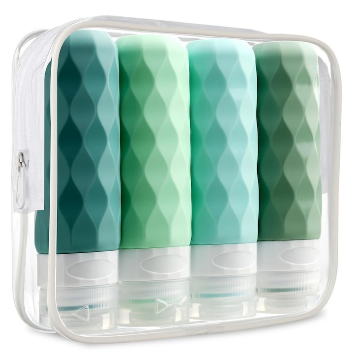 Set 4 Sticle de Voiaj din Silicon Flacoane Reutilizabile pentru Lichide  cu Punga Depozitare  Ecologice si Portabile  pentru Sampon  Gel de Dus  Lotiune  Verde
