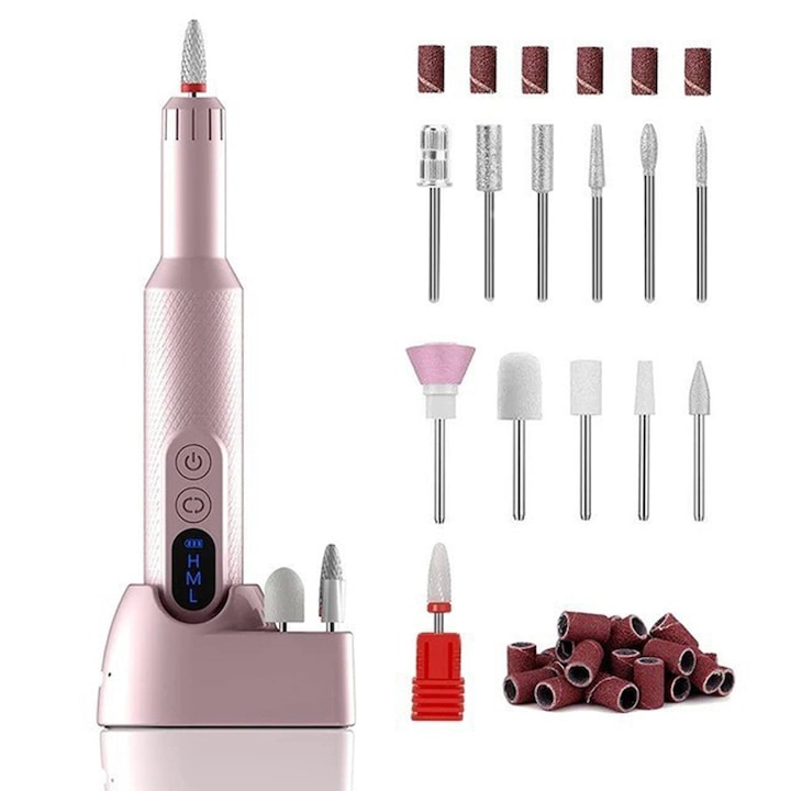 Freza Unghii Electrica Wireless  Omelivon  Portabila  Set Complet de Ingrijire pentru Manichiura si Pedichiura Profesionala  Cuticule sau Calcaie  20000 RPM  Design Ergonomic  Statie Incarcare  Roz