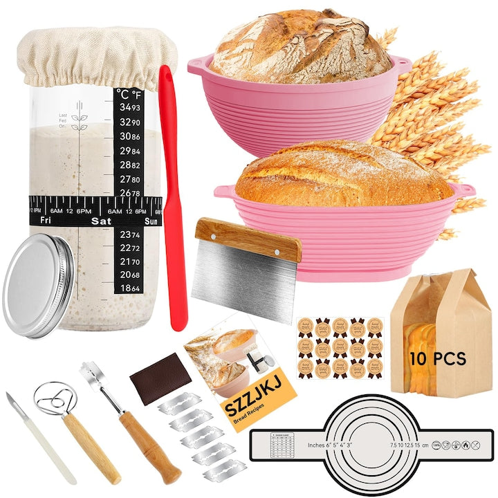 Sourdough Bread Starter Kit, 24 Pcs Bread Baking Supplies, 2 Silicone Banneton Proofing Baskets Set, with 10 Bread Bags, for Baking Lovers, WALALLA