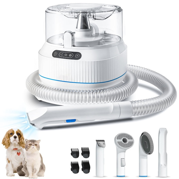 Pet Grooming Vacuum, WALALLA 5-in-1 Dog Grooming Kit, Pet Hair Remover and Grooming, 1.4L, 3 Adjustable Suction Modes, Low Noise, White