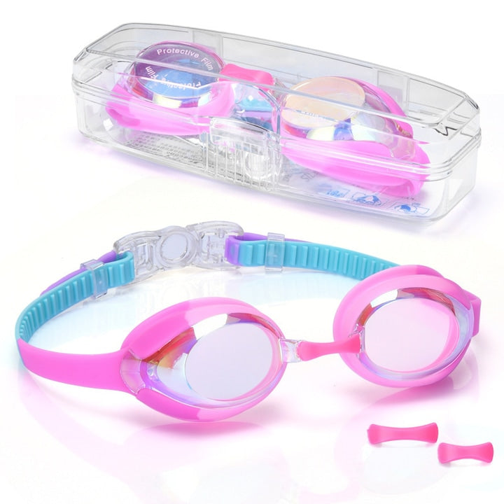 Ochelari de Inot Profesionali Copii  Fantasy  cu Punte nazala de schimb*2  Cutie de depozitare  Anti-UV  Anti-Aburire  marime reglabila  Claritate  Protectie Avansata  Policarbonat/Silicon  Galvanizare iridescenta  Perfecti pentru Piscina  3-16 ani  Albas
