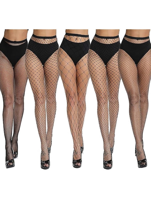 Rqiurpn - Set 5 Dresuri Sexy Fishnet  talie inalta  elasticitate  negru  One Size INTL