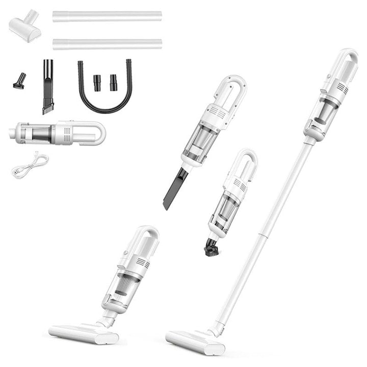 Aspirator vertical fara fir  6500Pa  design portabil  potrivit pentru casa si masina  baterie reincarcabila 2000mAh care tine 30 min  filtru HEPA incorporat  iluminare LED  potrivit pentru uz casnic si auto  culoare alba