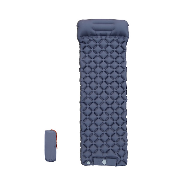 Saltea Gonflabila Pentru Camping  Brillsten  cu Tetiera  Pompa de picior incorporata Pentru Gonflabila  183 x 58 x5cm  Impermeabila  cu Sac  Confortabil si Usor  Nylon/PVC  Albastru Inchis
