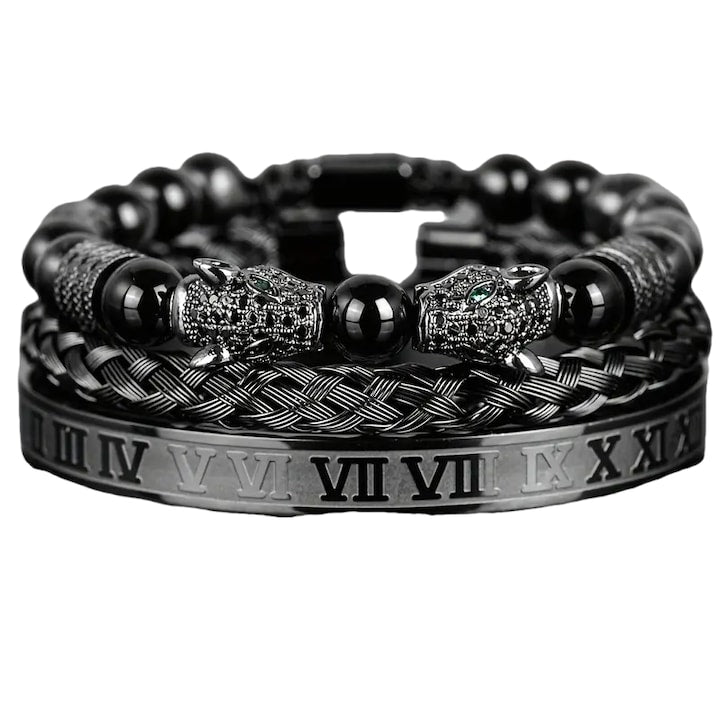 OEM - Set of 3 Men's Black Agate Bracelets, Leopard Head, Adjustable Design, Black Color