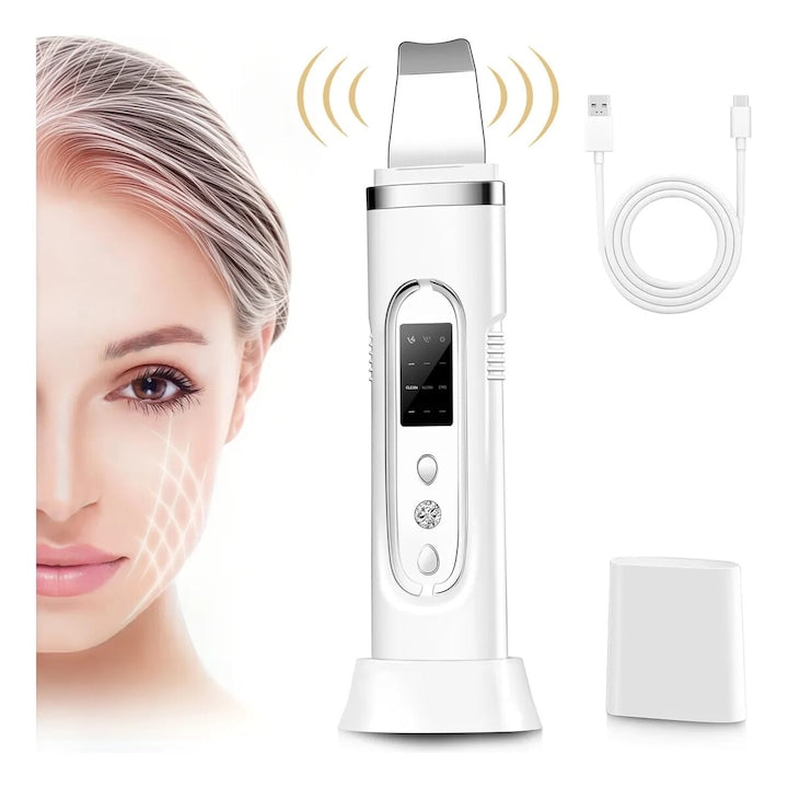 Aparat de curatare faciala cu ultrasunete  CIICII  C1598  Masaj  Peeling  Curatare Ten  Hidratare  Indepartare Puncte Negre  Efect de Lifting  Anti Riduri  Anti Imbatranire  Scrubber  3 Functii  imbunatateste circulatia sangelui la nivelul pielii  Alb