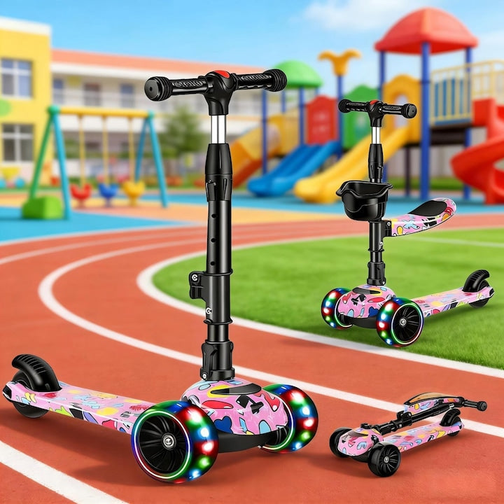 JFYU Kids Scooter with Seat, 2-in-1 Kids Scooter with LED Light-Up Wheels and Music, Adjustable Height, Detachable Seat, 3-12 Years Old, Up to 80 kg, Lean-to-Steer Handlebars, Non-Slip Surface, Pink Multicolor
