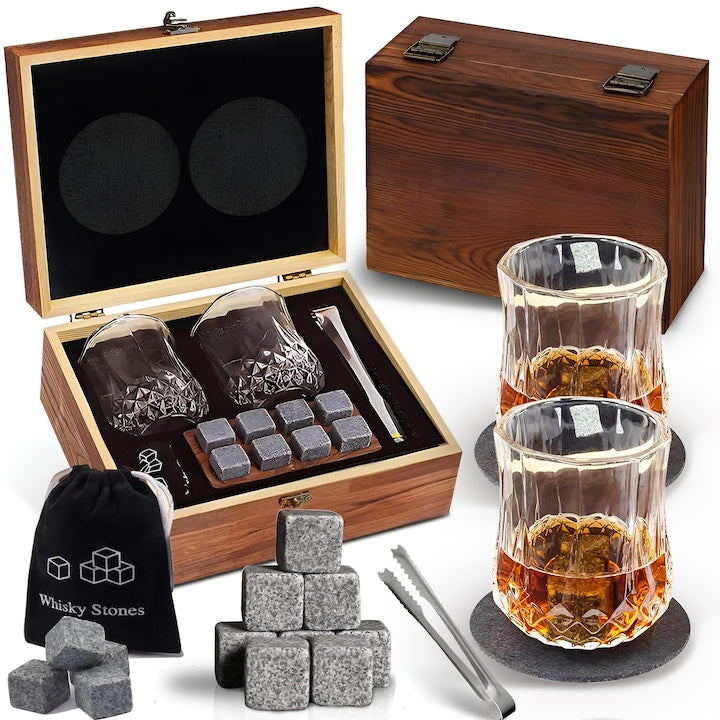 Set pahare whisky  2 pahare  8 cuburi de racire din Granit  Usor de utilizat si de curatat  Pahar de whisky  suport pentru pahare  cleste pentru gheata si sac de depozitare  Pentru cafea  ceai de fructe  cocktailuri  vin spumant  Transparent