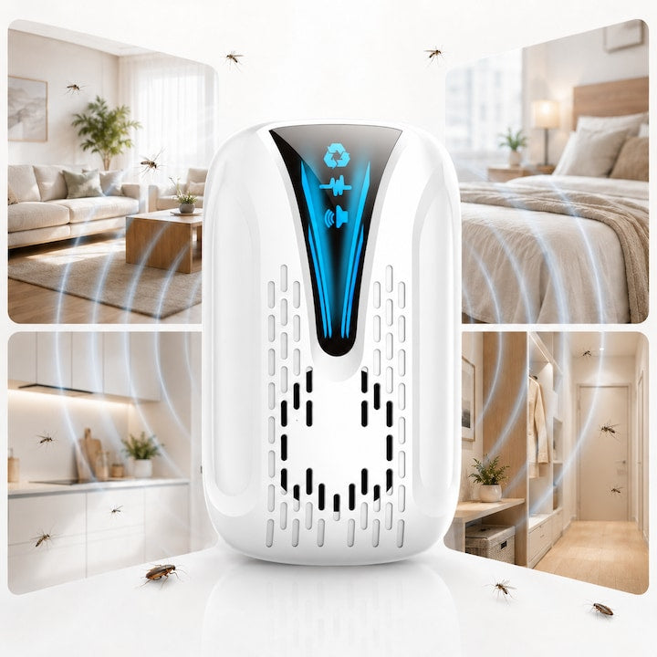 Aparat Ultrasunete Anti-Daunatori Si Anti-Soareci  Acoperire 160m²  Raza 360°  Ultrasunete 22-65 kHz  Anti Sobolani  Plosnite  Gandaci  Tantari  Muste  Molii  Purici  Daunatori Interior  Silentios  OUYLAF  Alb