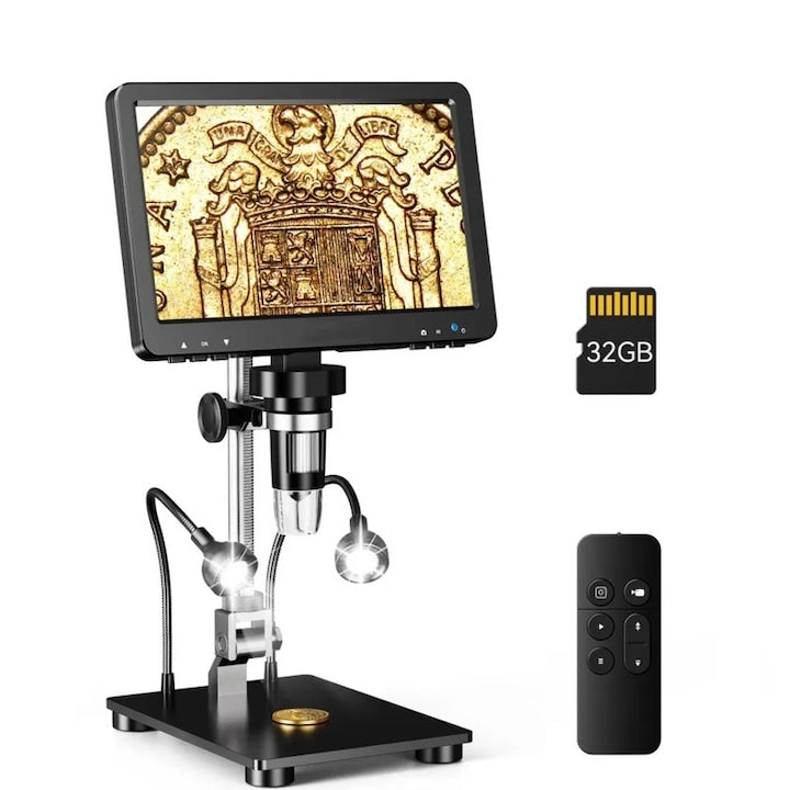 WALALLA Digital Microscope, 7-inch IPS Screen, 16 MP Image Quality, Adjustable, Wireless Remote Control, 10-1200x Magnification, Photo/Video, PC/HDMI Connection, LED Light, 1800 mAh, with 32 GB Card