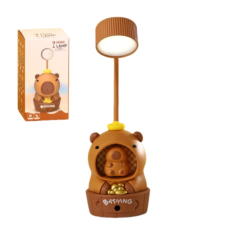 Lampa de birou multifunctionala  Fantasy  Design capibara  Include functie de ascutitoare de creioane  Reglare a luminozitatii pe doua niveluri  Dispune de mod suplimentar de lumina nocturna  Tub flexibil din silicon  indoibil la 360°
