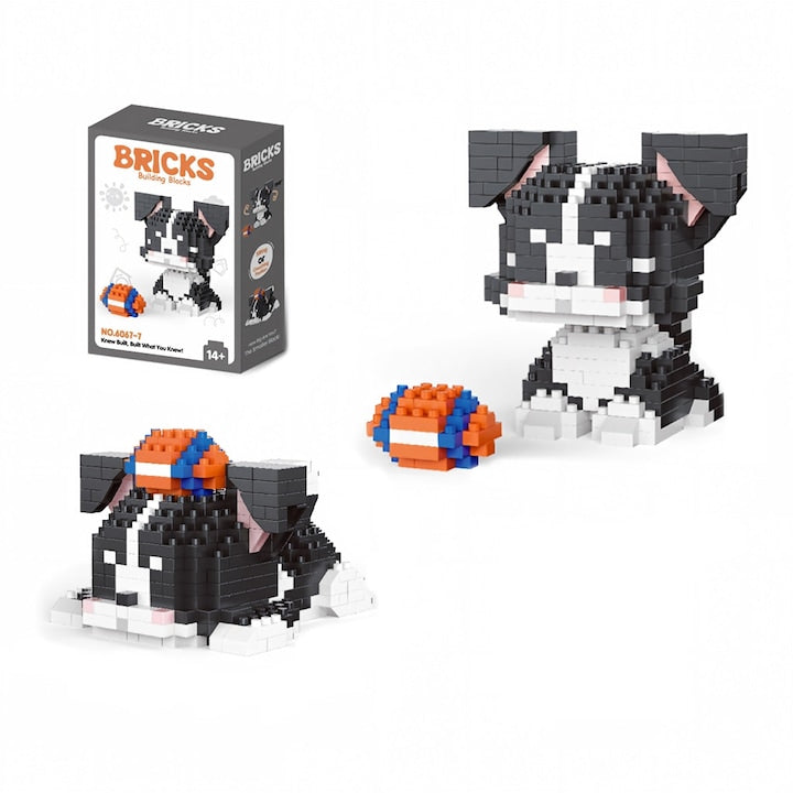 Set de Constructie Mini Border Collie cu Minge de Rugby Blocuri Creative ~200 Piese  2 Pozitii (Sezand/Culcat)  pentru Copii si Adulti
