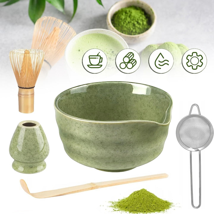 Set de Ceai Matcha CHOOLY  5 Bucăți  Bol Ceramica cu Cioc  Tel Bambus  Culoare Matcha  14  2x7  1cm