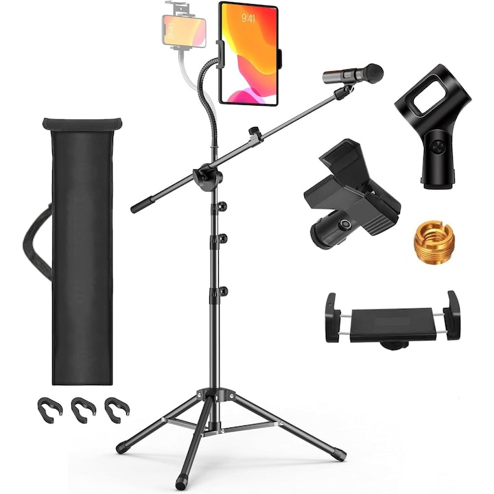Set stativ de microfon  WALALLA  cu clema pentru iPad  pliabil  cu 2 cleme de microfon si geanta de transport  inaltime reglabila de la 67 cm la 167 cm  pentru scena  studio  concert  spectacole in aer liber  negru