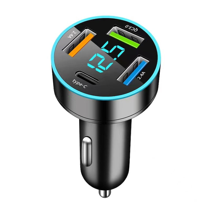 Smart Car Charger 66W 2xUSB 2.4A/1xSuper Fast Charge/1xUSB-C multiple protections blue LED metal casing 12V/24V