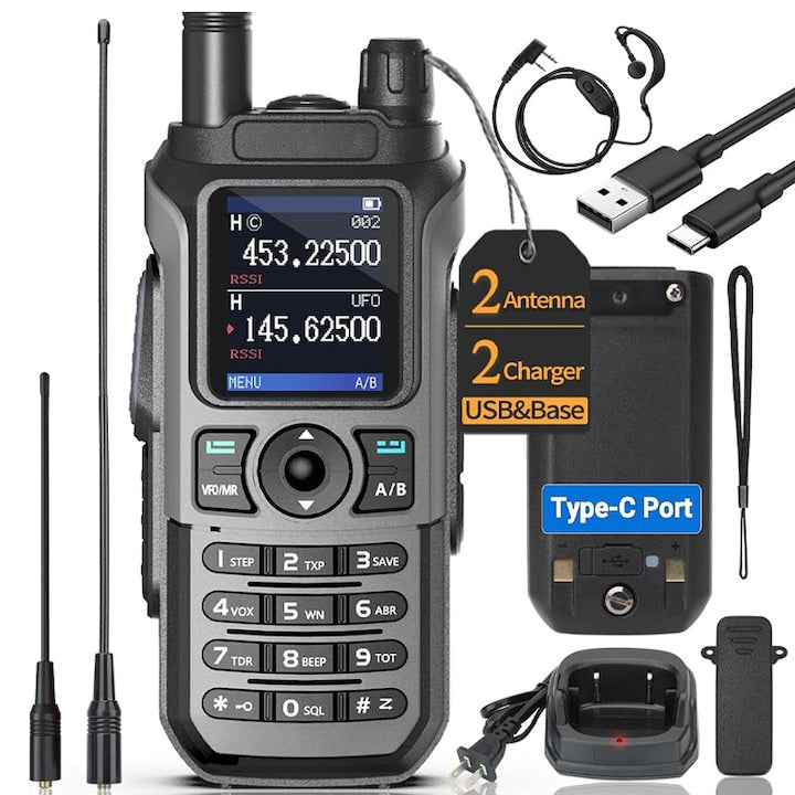 Statie radio portabila walkie-talkie Duueyct UV-21R  comunicatie pe distanta 3-5 mile  incarcare Type-C  999 canale  VOX  receptie meteo NOAA  antena dual band 15.35 inch  negru  1 buc