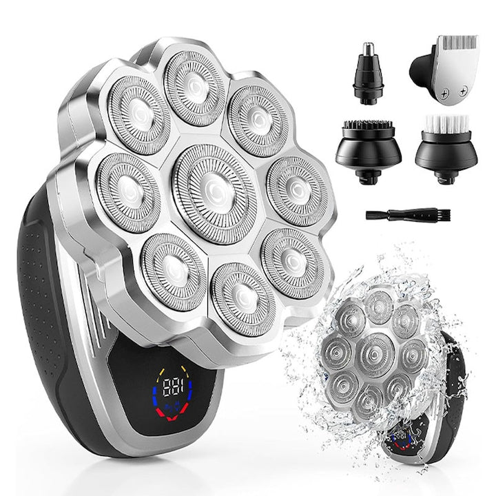 Aparat de Ras Electric Multifunctional 5 in 1  Rqiurpn  9 Capete Rotative  Pentru barbati  Rezistent la Apa IPX5  Utilizare Umeda si Uscata  Incarcare USB Rapida  Display LED  Trimmer Nas si Barba  Kit Complet de Ingrijire Personala  Portabil  Negru