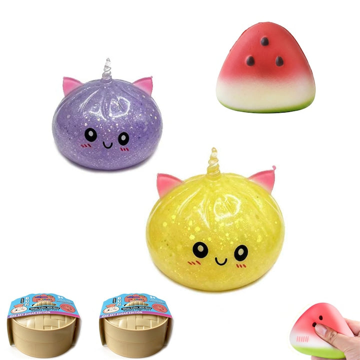 Set 3 Jucarii Antistres Squishy Galuste Dumpling Unicorn  2 Chifle Mov si Galben cu Sclipici + Felie Pepene  cu Cos de Abur  Revenire Lenta Senzoriala