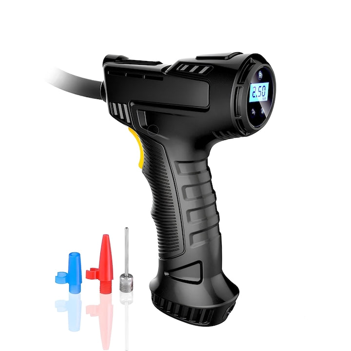 Compresor Aer Wireless  Afisaj Digital  Oprire Automata  Portabil  Lumina LED  120W  10.3 bar  Anvelope  Saltele  Mingi  Negru