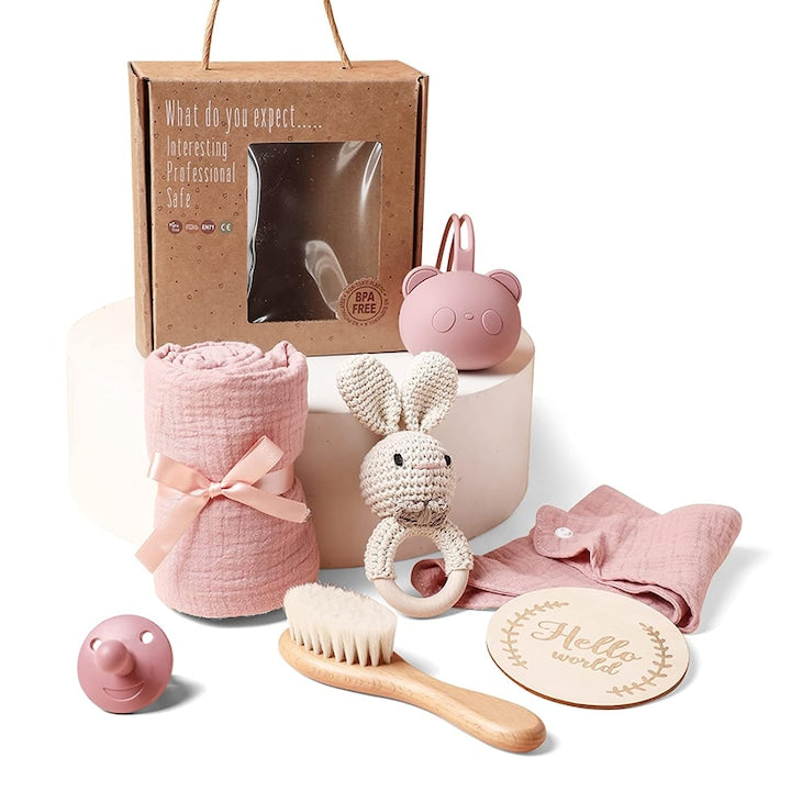 Set pentru bebelus  Rqiurpn  paturica muselina  prosop de baie  jucarie din lemn  cutie de cadou  nou-nascut  perie par  inel gingival