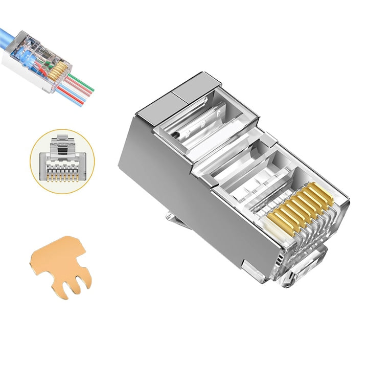 Set de 100 mufe drepte RJ45  ZOUN  CAT6  conectori ecranati de categoria 6e  contacte din cupru pur placate cu aur  rezistente la interferente  calibru de 1 0 mm  8 pini 8P8C
