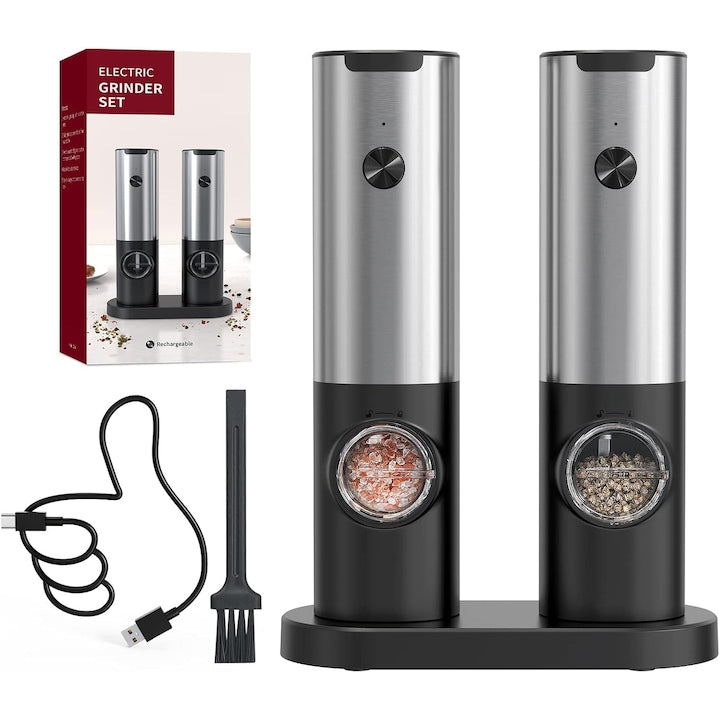 Set 2 Rasnite electrice sare piper si alte condimente  ZREE  Capacitate 70ml  Control pentru finetea macinarii  Aluminiu  Stand pentru incarcare  Lumina LED  Grosime reglabila