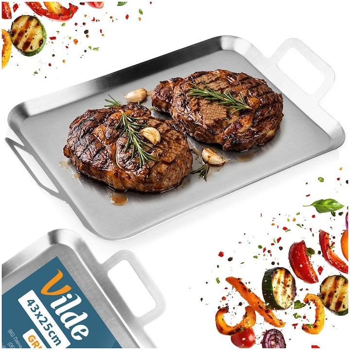 Vilde Grill Tray 43x25x5.5 cm Stainless Steel Silver Grill Plate with Handles Solid Surface For Oven, Gas and Charcoal Grills Reusable Heat Resistant Barbecue Accessories
