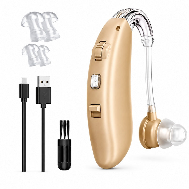 Aparat auditiv tip BTE  incarcabil  design confortabil  culoare nude  set pentru hipoacuzie severa