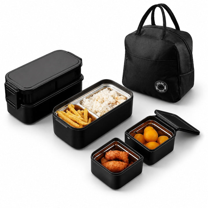 Set Caserole Inox  800ml  2 straturi  Negru Mat  Geanta Termoizolanta Inclusa  Caserola Alimentara  Rezistenta  Lavabila in Masina de Spalat Vase  Lunch-Box  Tine Mancarea Calda/Rece