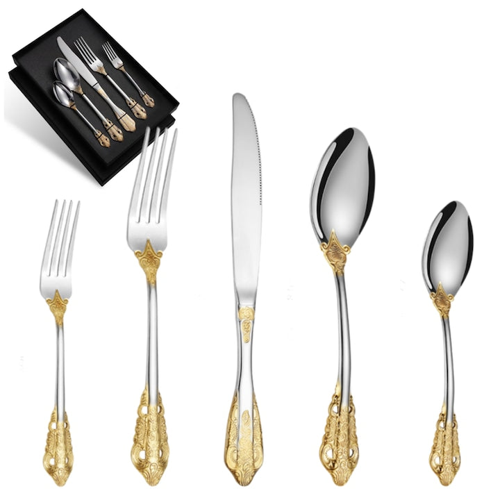 Set tacamuri din otel inoxidabil  Fantasy  5 piese  Stil retro curtenesc  Argintiu cu modele aurii  Design ergonomic  Rezistent la coroziune  Usor de curatat  Pentru uz personal si familial  usor de curatat  bucatarii  restaurante  banchet  cantina  cina