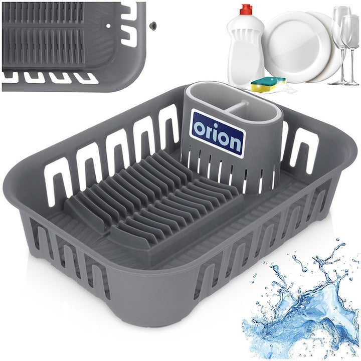Uscator De Vase Spatios Cu Picurator  Orion  39x29x11 cm  Gri Si Gri Deschis  Plastic De Inalta Calitate  Suporta 13 Farfurii  Organizator Detasabil Pentru Tacamuri  Sistem Integrat De Evacuare A Apei  Picioare Antiderapante  Accesorii Bucatarie