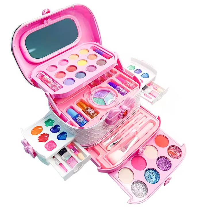 Trusa de machiaj pentru copii  Set Make-Up Simply Joy  cu 54 de elemente  rujuri  farduri  oja  geanta cu maner pentru transport  pentru fetite de 3 4 5 6 7 8 9 ani
